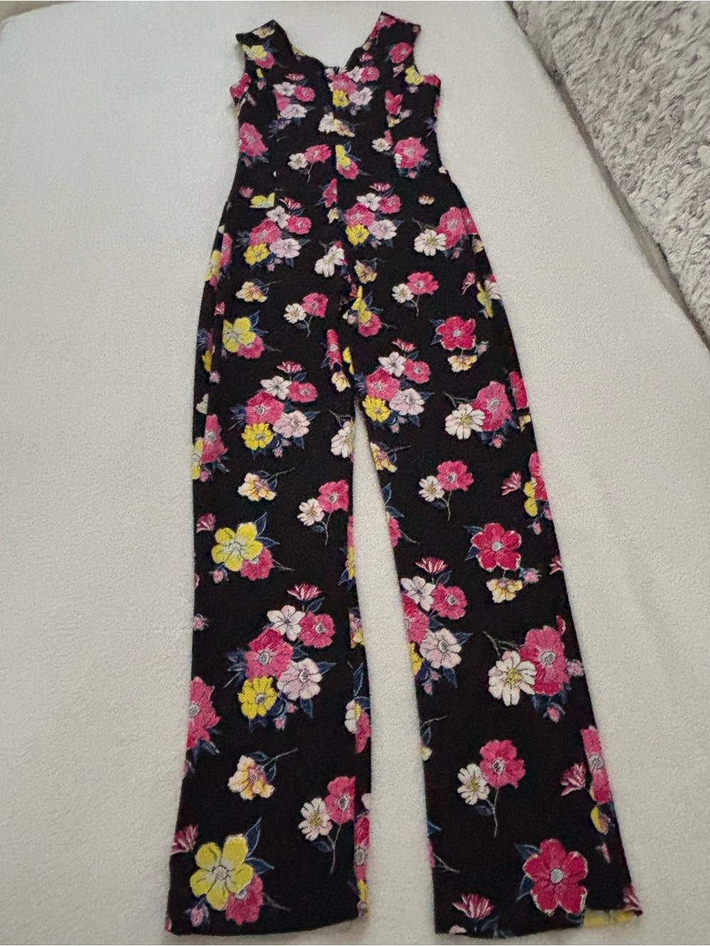 NWOT XOXO  Floral Jumpsuit Black With Pink & Yellow Flowers